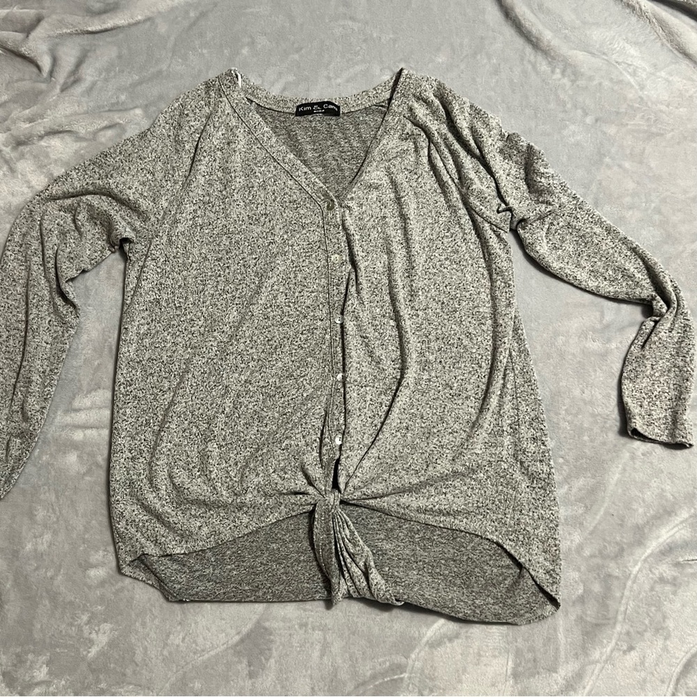 Kim‎ Cami Womens Sweater Size M Gray  Knit V Neck Tie Front Cardigan